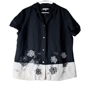 Jennifer Women Black Floral Button Front  Short Sleeve Shirt Top Size 18